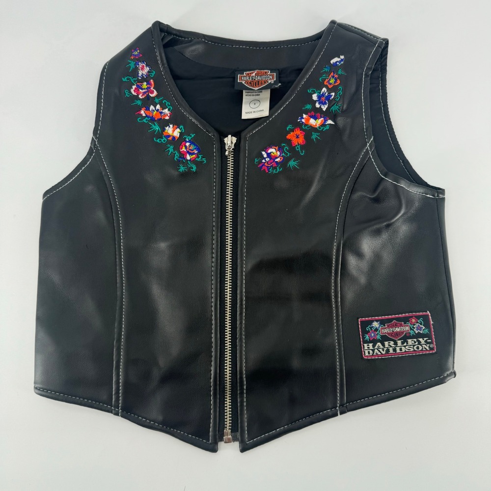 Harley Davidson Girls Black Faux Leather Floral Embroidered Biker Vest Size 6